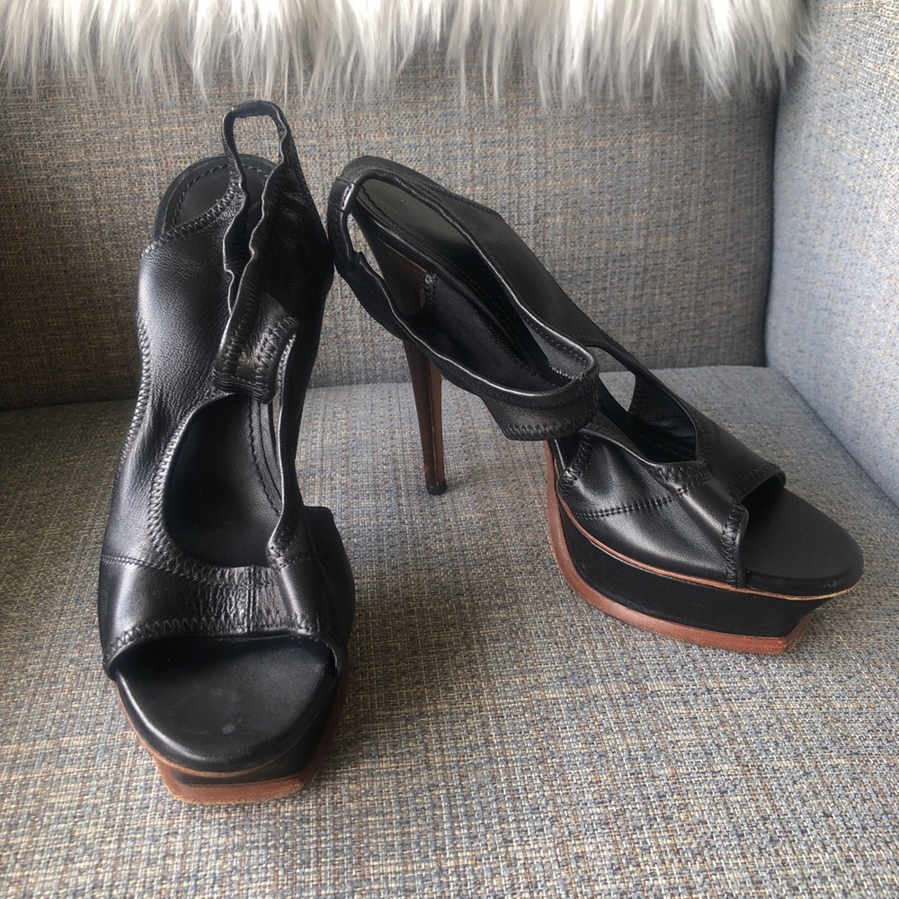 Yves Saint Laurent YSL Black Stretch Leather Strappy Open Toe Sandal Heels 40